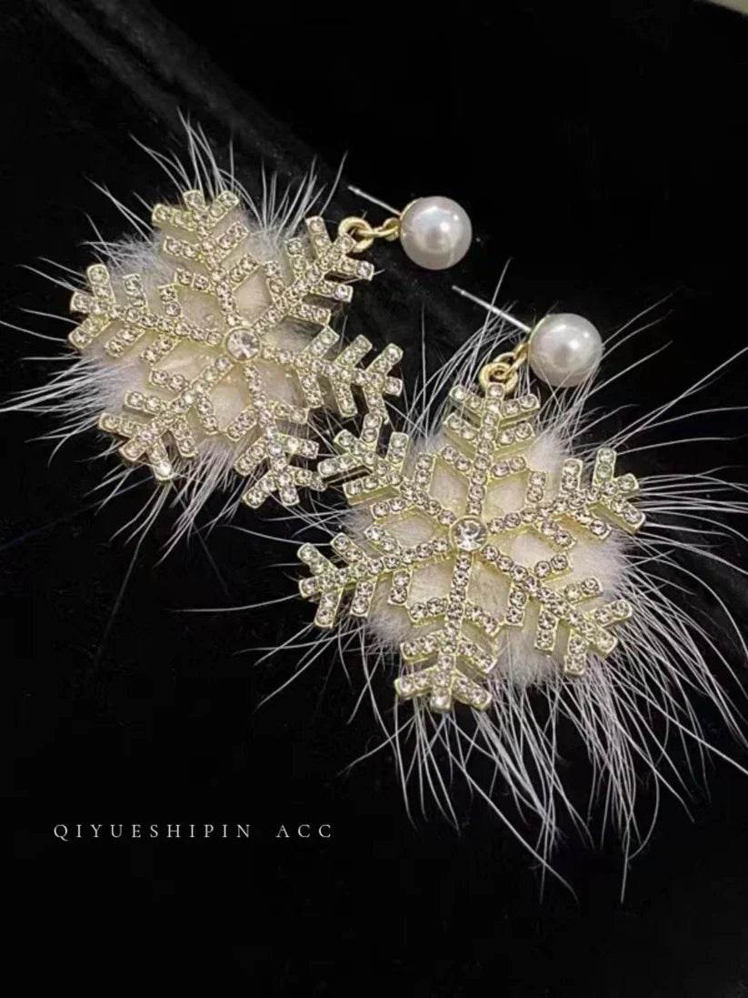 christmas snowflake earrings women's full diamond pearl plush earrings