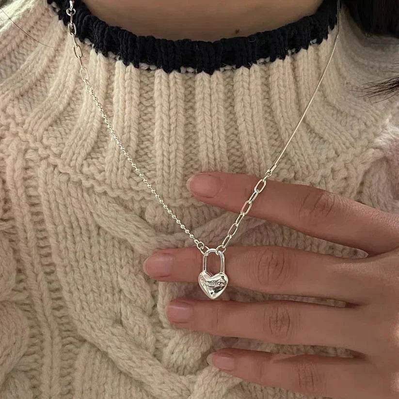 women's double-layer chain heart-shape lock necklace s925 sterling silver