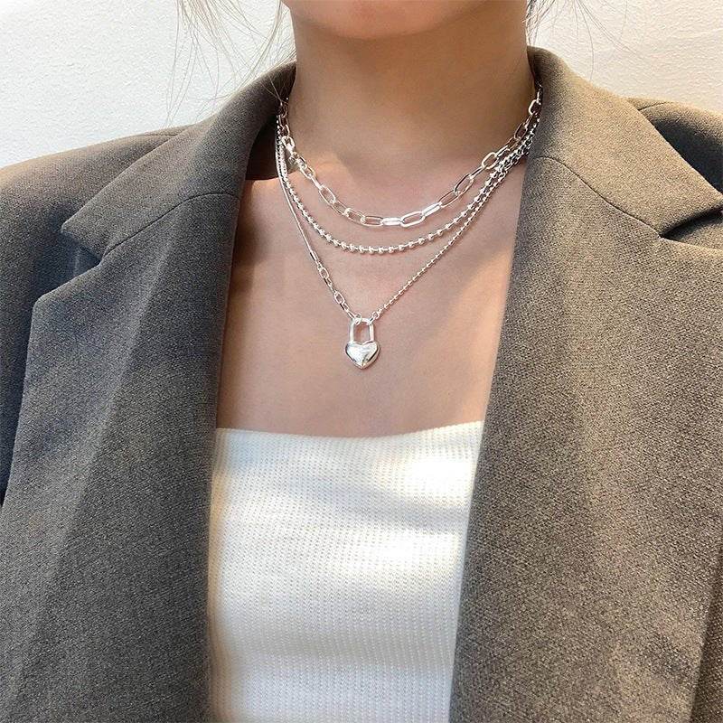 women's double-layer chain heart-shape lock necklace s925 sterling silver